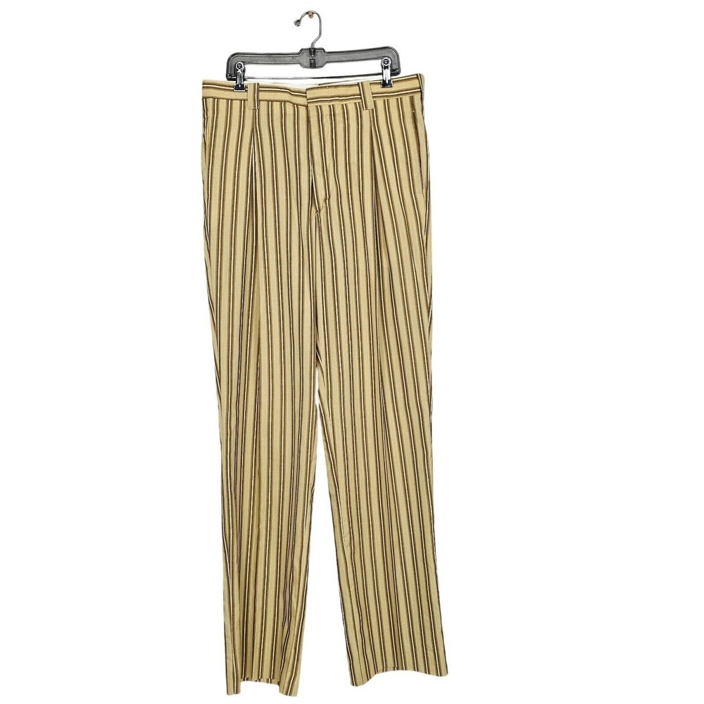 Vintage 70s Falcone Mens 38 Unhemmed Tan Striped Slacks Trousers Pants